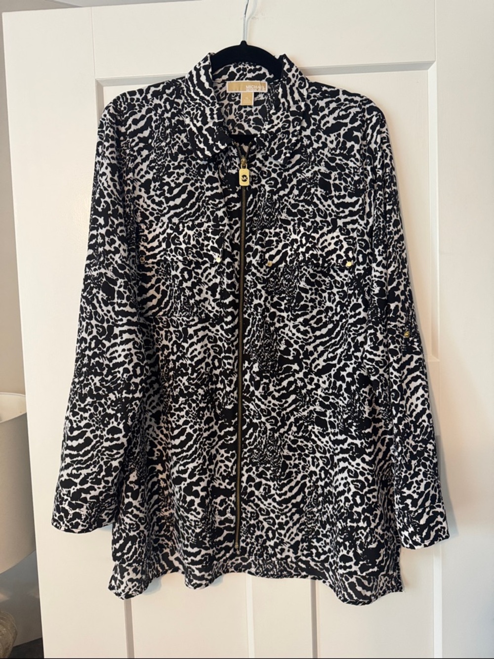 Michael Kors Black & White Printed Zip-Front Top